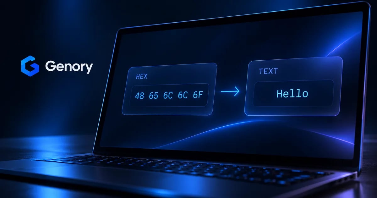A Genory-branded developer screen connects the hex bytes 48 65 6C 6C 6F with the decoded word Hello.