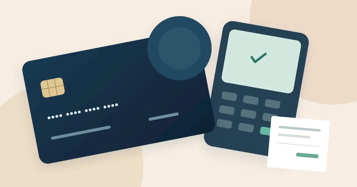 An illustrated credit card beside a payment terminal and a purchase receipt on a warm background