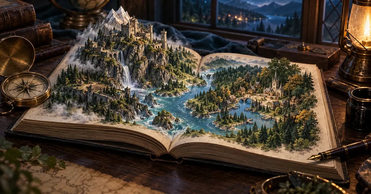 An open notebook becomes a miniature fantasy landscape with a mountain fortress, forest settlement and connecting river.