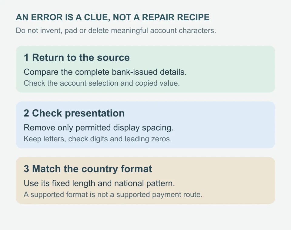 Three-step format troubleshooting: compare bank-issued details, remove only allowed display spacing, then check the matching country format.