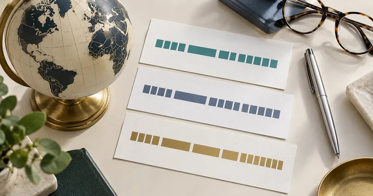 A globe and separate cards with colored account-format segments on a bright desk.