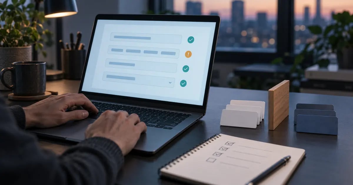 A developer tests a form on a laptop beside a notebook and separated groups of test cards.