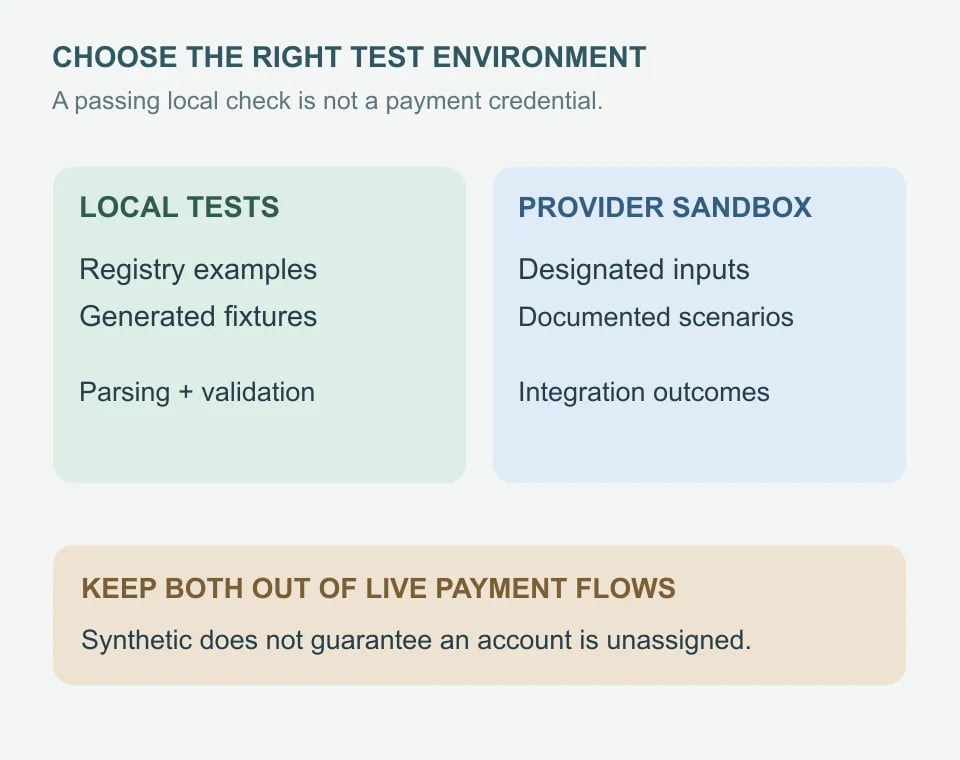 Isolated parsing tests use registry or generated examples; provider sandbox tests use designated scenario inputs. Neither flows into live payments.