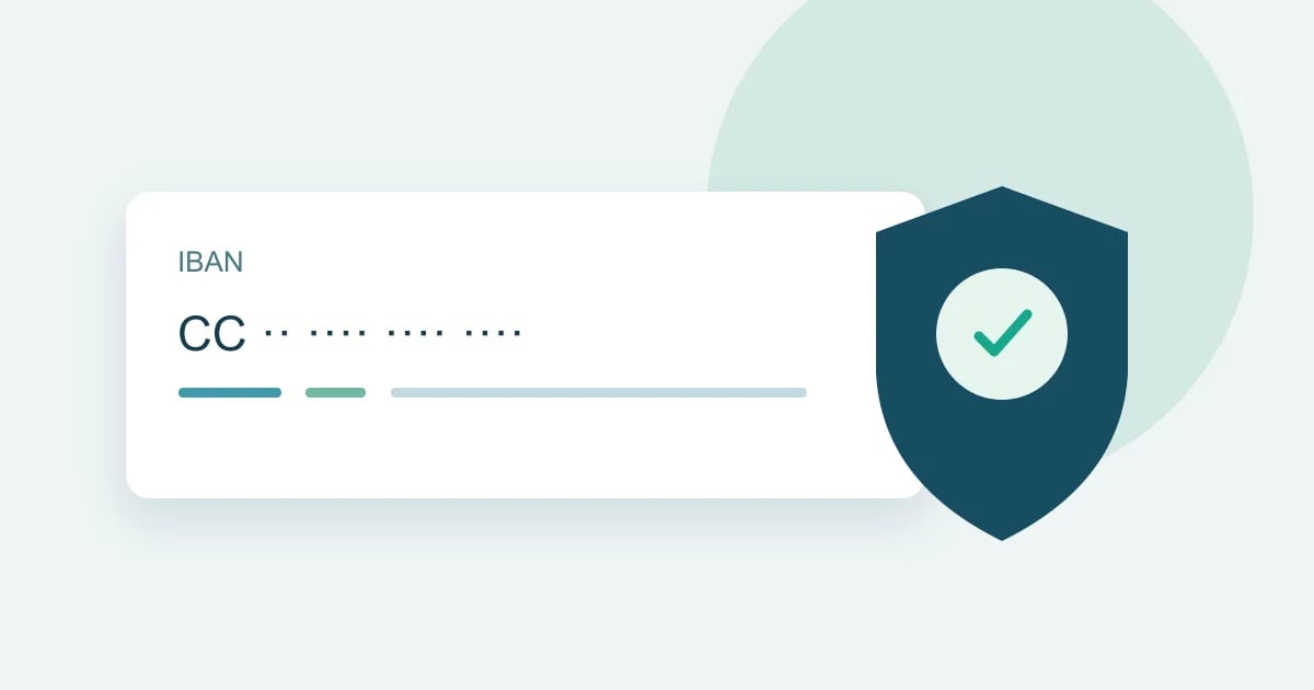 An IBAN structure card beside a shield representing format checks