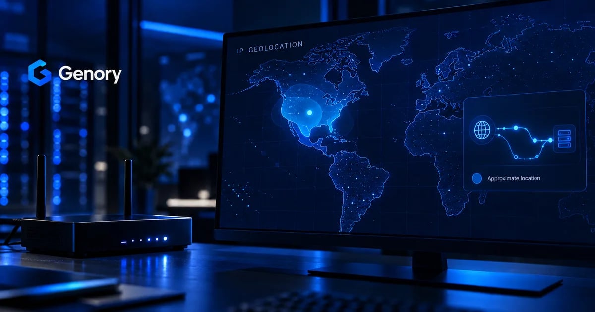 A Genory-branded network monitor shows an illustrative world map with a broad approximate region beside a router.
