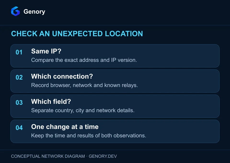 Four checks for an unexpected IP location: confirm the address, note the network path, identify the mismatched field, and compare one controlled change.