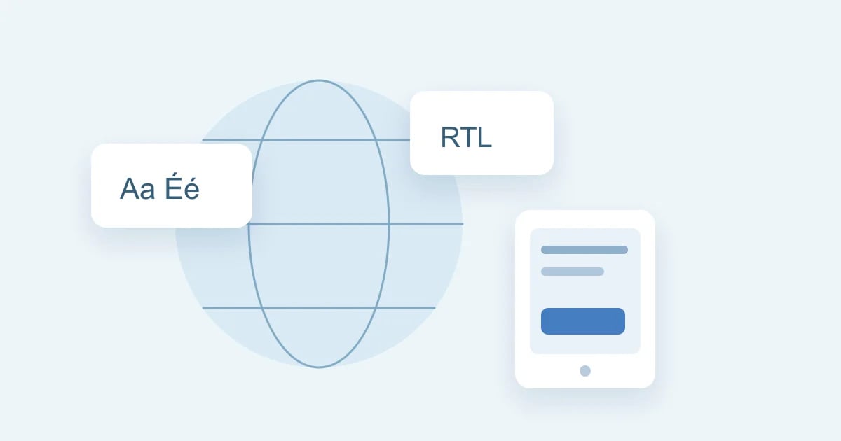 Language cards and a narrow phone interface arranged around a globe