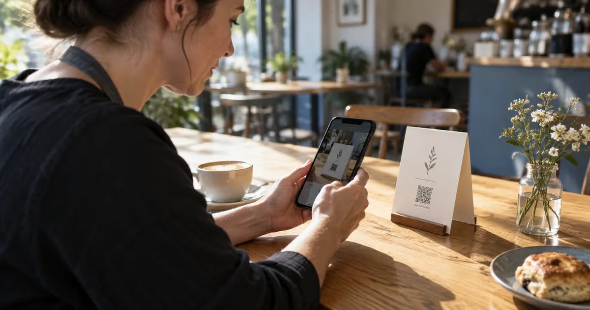 A cafe visitor holds a smartphone toward a printed menu card on a sunlit wooden table.