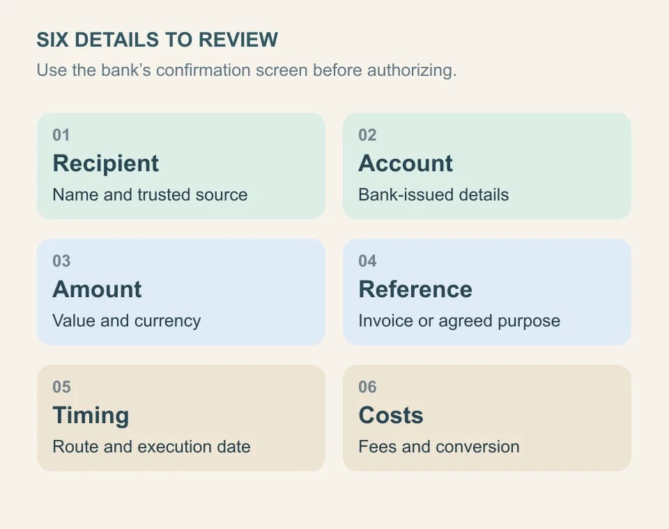 Review six details before authorizing: recipient, account, amount and currency, reference, execution time, and fees.