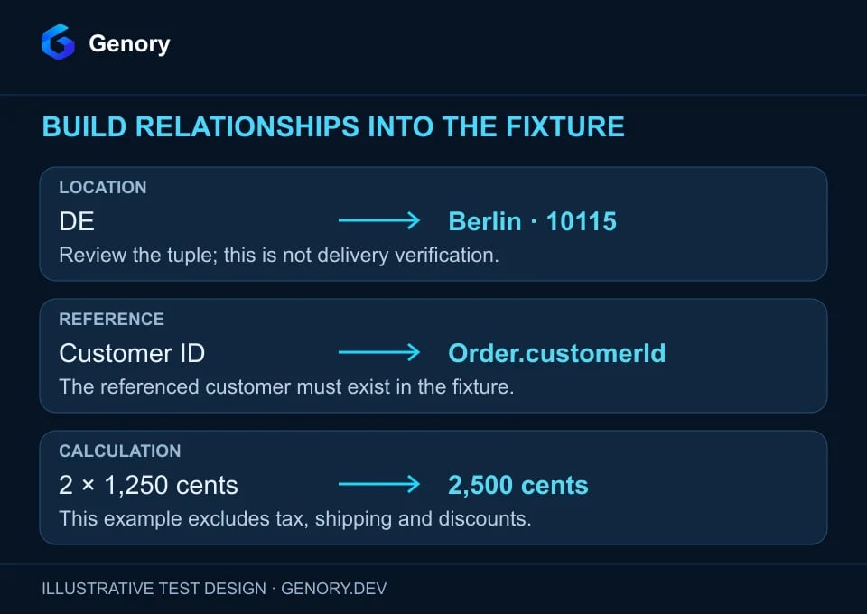 Three example constraints connect country to a reviewed location, a fixture customer to an order reference, and quantity and unit price to a total.