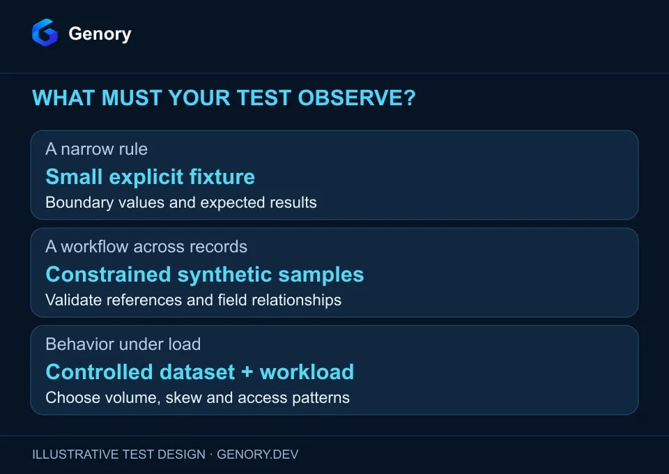 Choose explicit values for narrow assertions, linked records for workflows, and controlled distributions for load tests; save replay context for each approach.