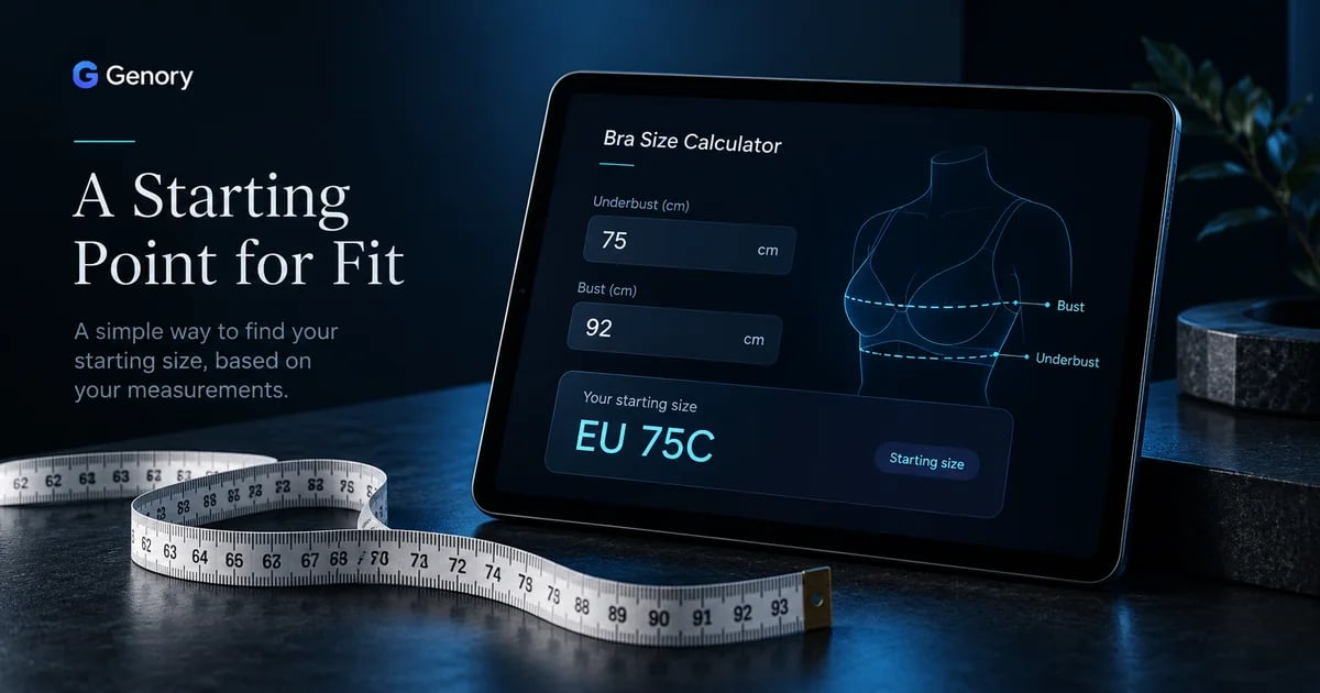 Genory editorial illustration of an EU bra size calculator on a tablet beside a measuring tape.