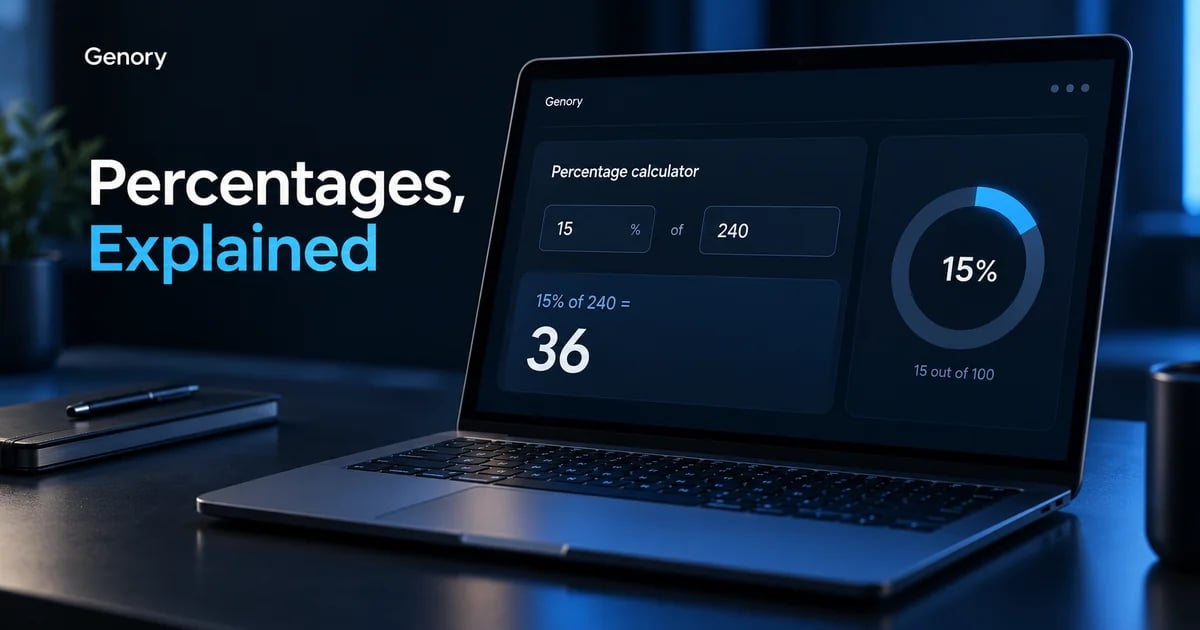 Genory editorial illustration of a laptop calculating 15 percent of 240 as 36 beside a blue ring chart.
